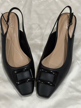 Alfani Black “ Step n Flex” Square-Toe low heels with Decorative Buckle Accent.